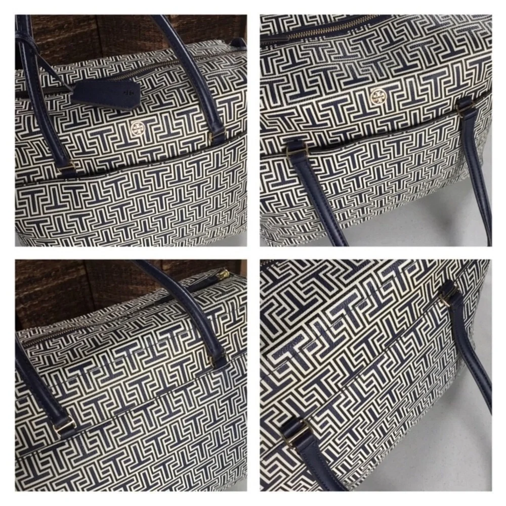 TORY BURCH GEO T-TOTE SHOULDER BAG WHITE BLUE DURABLE WATER RESISTANCE VINYL